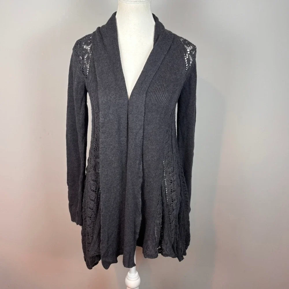Cynthia Rowley Womens Grey Cotton Open Knit Crochet open Cardigan sz Small Boho